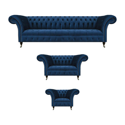 Complete donkerblauwe Chesterfield-banken Designer Fauteuil 4-zits 3-delig.