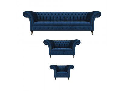 Complete donkerblauwe Chesterfield-banken Designer Fauteuil 4-zits 3-delig.