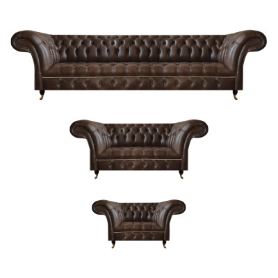 Bruine Chesterfield leren woonkamerinrichting 4-zits tweezits fauteuil.