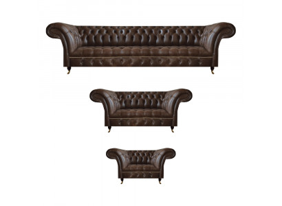 Bruine Chesterfield leren woonkamerinrichting 4-zits tweezits fauteuil.