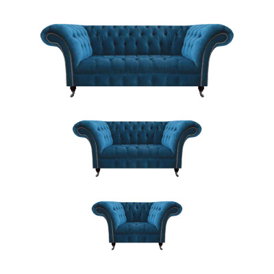 Chesterfield Blau Gestoffeerde Meubelset Woonkamer Bankstel 3-Zits 3-delig