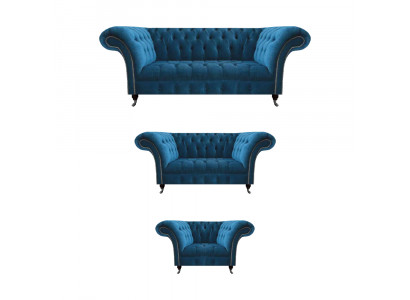 Chesterfield Blau Gestoffeerde Meubelset Woonkamer Bankstel 3-Zits 3-delig