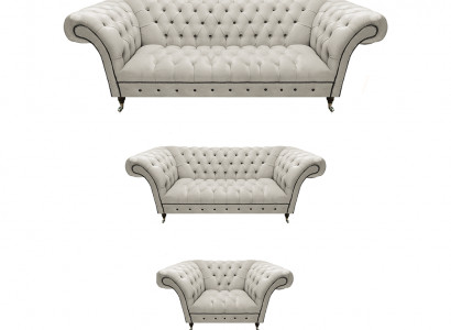 Witte Chesterfield-leren sofa’s woonkamerzitbanken complete set 3-delig