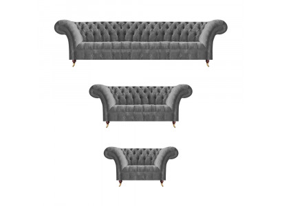 Edele Chesterfield Sofaset Grijze Textiel Vierzitsbank Gestoffeerde Fauteuil