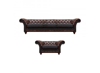 Chesterfield bruine leren bankstel driezitter luxe gestoffeerde fauteuil.