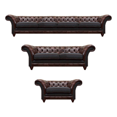 Bruin-Grijze Chesterfield Banken Fauteuils Woonkamer Complete Meubelset 3-delig