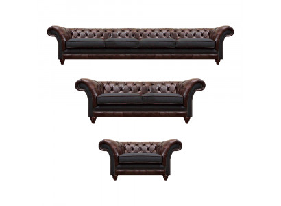 Bruin-Grijze Chesterfield Banken Fauteuils Woonkamer Complete Meubelset 3-delig