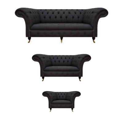 Chesterfield Zwarte Woonkamer Banken Complete Set 3-delige Set