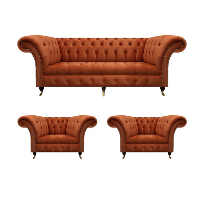 Woonkamer Bruine Chesterfield Set 2x Fauteuil 3-Zits 3-delig