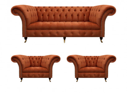Woonkamer Bruine Chesterfield Set 2x Fauteuil 3-Zits 3-delig