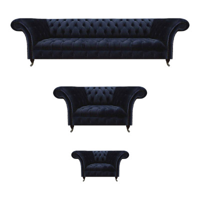 Woonkamer Chesterfield banken donkerblauwe stoffering set 3-delig