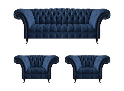 Luxueuze Chesterfield-set Moderne driezitsbank 2x stoffauteuils