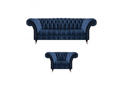 Donkerblauwe woonkamer 3-zitsbank design ligstoel Elegant 2-delig set.