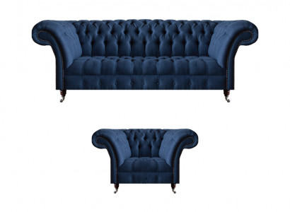 Donkerblauwe woonkamer 3-zitsbank design ligstoel Elegant 2-delig set.