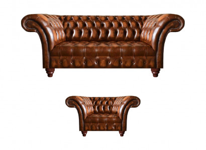 Luxueuze Chesterfield woonkamer zitmeubelset leren fauteuil 3-zits 2-delig