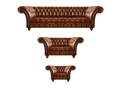 Chesterfield bruine leren set woonkamer zitbanken lederen banken 3-delig