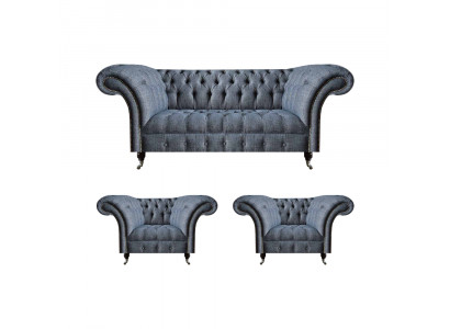 Chesterfield set grijze gestoffeerde zitmeubelen 2x leunstoel driezitter