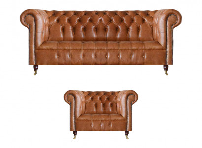Bruine stijlvolle Chesterfield-leren sofa's complete zithoek 2-delig.