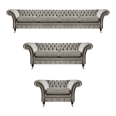 Chesterfield lichtgrijze stoffen bankenset woonkamer gestoffeerde meubels