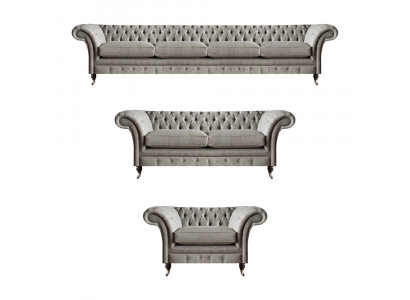 Chesterfield lichtgrijze stoffen bankenset woonkamer gestoffeerde meubels