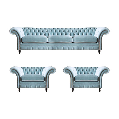 Chesterfield gestoffeerde zitmeubelen blauwe bankstel 3-zits 2x fauteuils