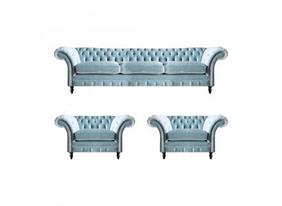 Chesterfield gestoffeerde zitmeubelen blauwe bankstel 3-zits 2x fauteuils