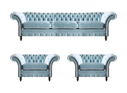Chesterfield gestoffeerde zitmeubelen blauwe bankstel 3-zits 2x fauteuils