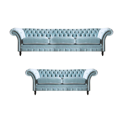 Stijlvolle lichtblauwe Chesterfield designer set driezitter tweezitter