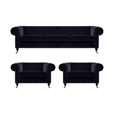 Blauwe Chesterfield bankstel designer 3-zitter 2x fauteuils 3-delig.