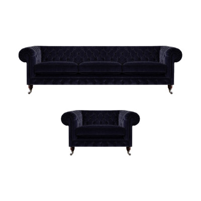 Luxe Chesterfield-banken Donkerblauwe stoffen driezitter Elegante fauteuil
