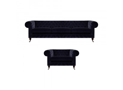 Luxe Chesterfield-banken Donkerblauwe stoffen driezitter Elegante fauteuil