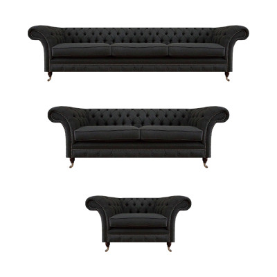 Zwarte Chesterfield stoffen banken, elegant meubelset, designbanken, 3-delig.