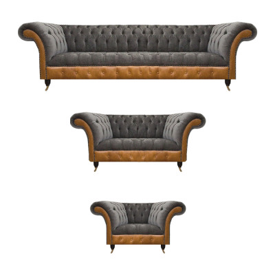 Grijs-Bruine Chesterfield Zithoek Bekledingsbanken Textiel Banken 3-delig