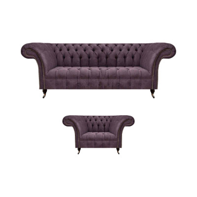 Chesterfield Lila Woonkamer Bankstel Elegante 3-Zits Textiel Fauteuil