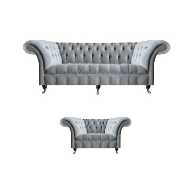 Complete grijze Chesterfield zitmeubelen, stijlvolle leunstoel en 3-zits bank.