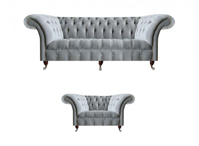 Complete grijze Chesterfield zitmeubelen, stijlvolle leunstoel en 3-zits bank.