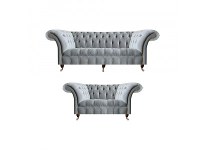 Chesterfield lichtgrijze stoffering Designer 2x stoffen bank 2-delig