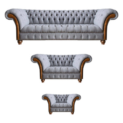 Chesterfield lichtgrijze gestoffeerde bankstel textiel designer 3-delige set