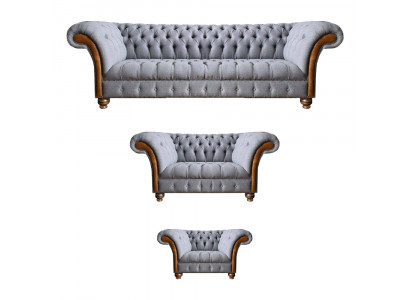 Chesterfield lichtgrijze gestoffeerde bankstel textiel designer 3-delige set