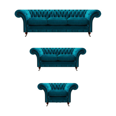 Blauwe designer Chesterfield gestoffeerde meubels woonkamer textiel banken 3-delig