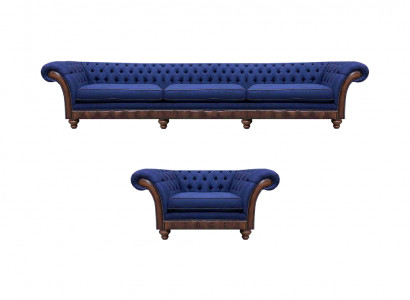Blauwe Chesterfield gestoffeerde design 3-zitsbank met stoffen fauteuils, 2-delig.