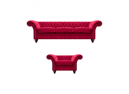 Chesterfield Rode Bankstel Elegante Textielfauteuil Driezitsbank
