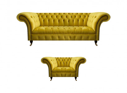 Moderne gele Chesterfield gestoffeerde set, stijlvolle 3-zits textiel stoel.