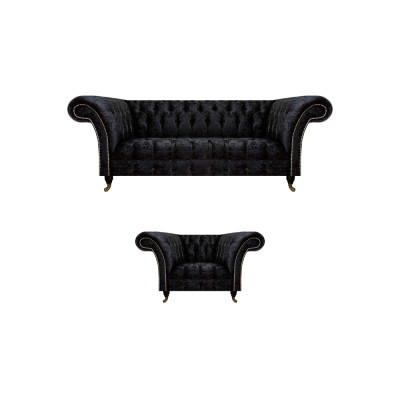 Chesterfield zwarte gestoffeerde meubelen designer woonkamer bank stoel 2-delig.