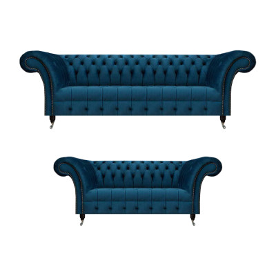 Luxueuze blauwe Chesterfield stoffen set 3-zitsbank tweezitsbank