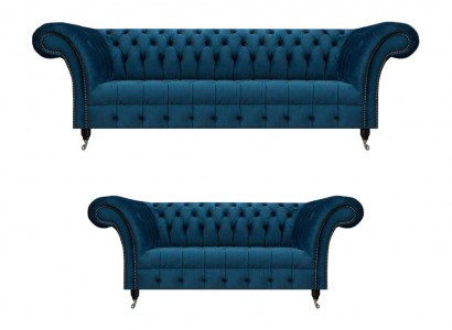 Luxueuze blauwe Chesterfield stoffen set 3-zitsbank tweezitsbank
