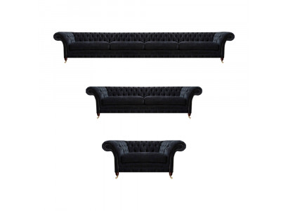 Chesterfield zwarte textielgarnituur vierzitsbank tweezits fauteuil.