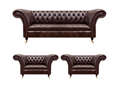 Luxueuze bruine Chesterfield lederen meubelen designer driezitsbank 2x fauteuil 3-delig.