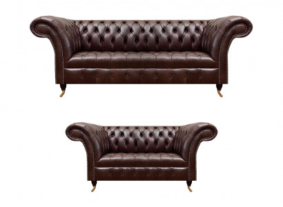 Elegante Bruine Chesterfield Leren Set Mooie Banken 3-Zits 2-Zits