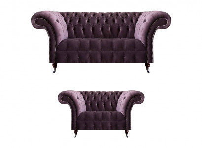 Complete paarse Chesterfield zitgroep textiel driezitsbank 2-zitsbank 2-delig